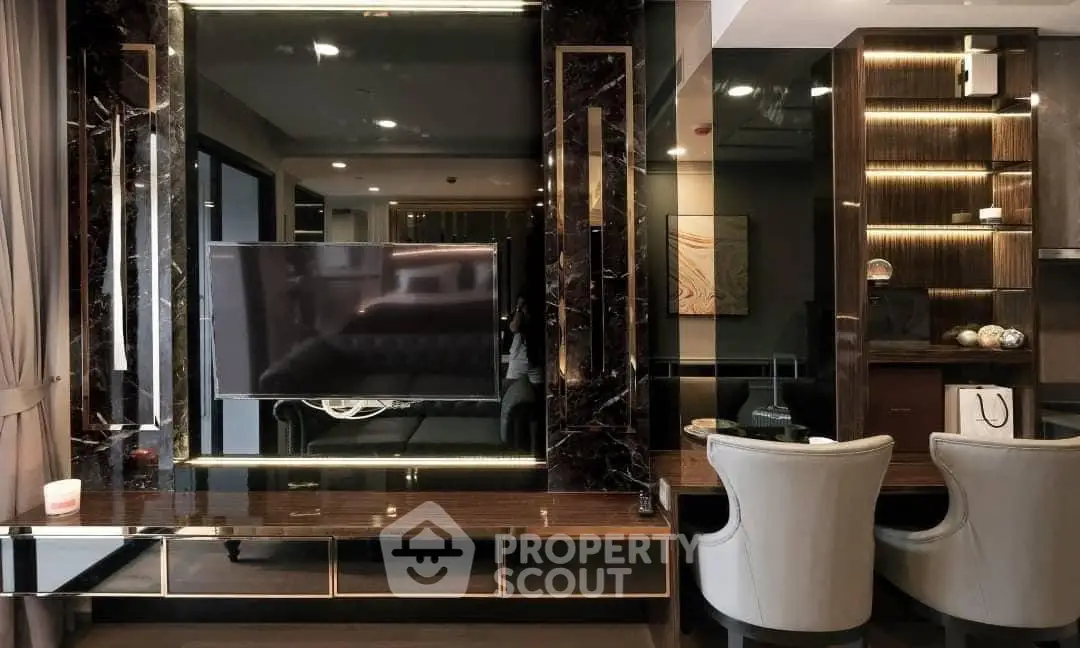 Luxurious modern living room with elegant decor and built-in TV unit