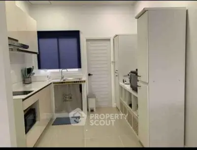 Modern kitchen with sleek white cabinets and built-in appliances, featuring a minimalist design and ample storage.