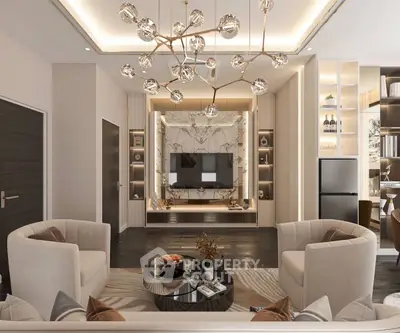 Luxurious modern living room with elegant chandelier and stylish decor