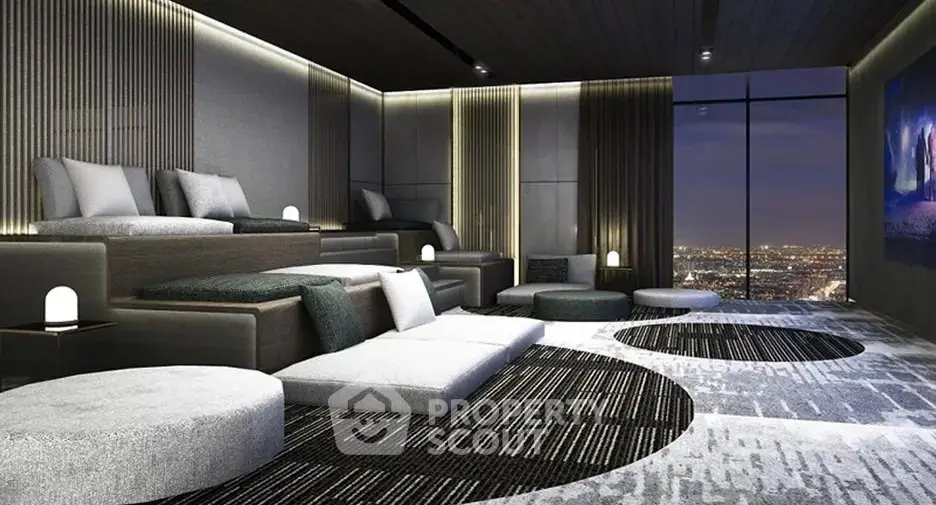 Luxurious modern living room with panoramic city view and stylish decor