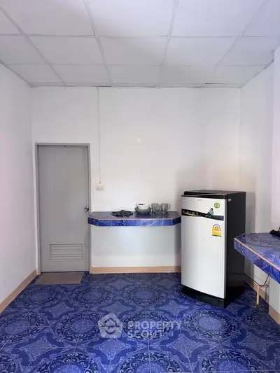 Spacious kitchen with blue patterned tiles and modern appliances