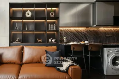 Modern living room with stylish shelving and integrated kitchen appliances