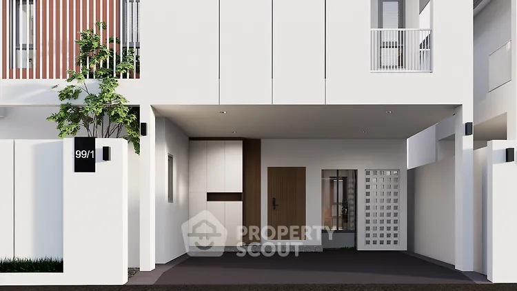 Modern townhouse entrance with sleek design and minimalistic architecture.