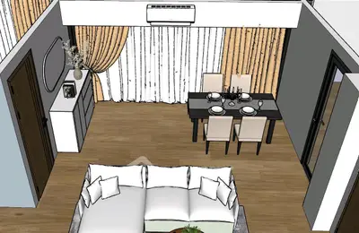 Modern living room with dining area and stylish decor