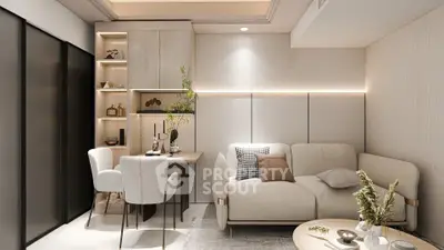 Modern living room with elegant decor and cozy seating area