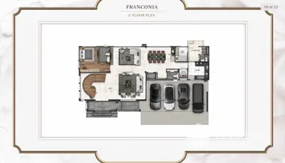 Elegant Franconia first floor plan showcasing spacious layout with modern amenities and ample parking space.