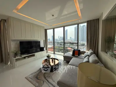 Luxurious living room with panoramic city view and modern decor