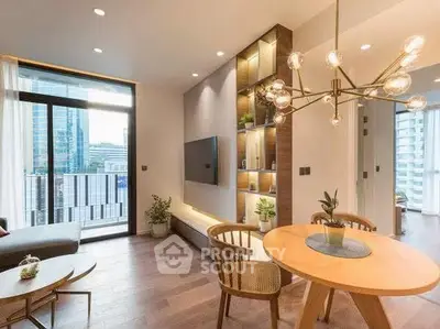 Modern living room with stylish decor and city view balcony