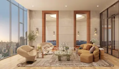 Luxurious living room with panoramic city view, elegant furniture, and modern decor in high-rise apartment.