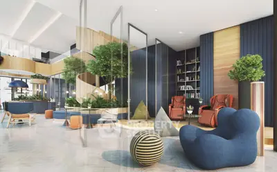 Modern living room with unique furniture and indoor greenery in luxury apartment