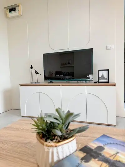 Modern living room with stylish TV cabinet and decorative plant