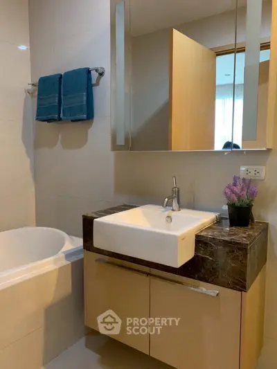 Modern bathroom with sleek sink, bathtub, and stylish decor