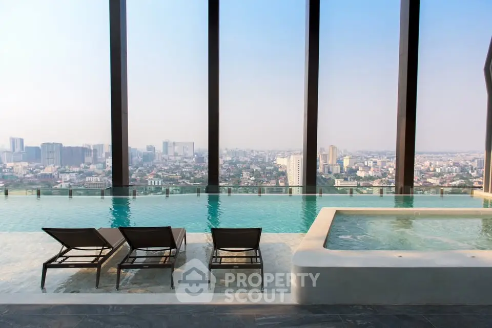Luxurious rooftop pool with stunning city skyline view, perfect for relaxation and leisure.