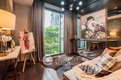 Luxurious artist's living room with rich dark tones, plush furnishings, and large windows offering a serene garden view, perfect for creative inspiration.