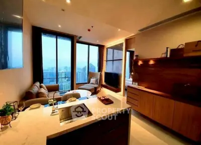 Luxurious modern living room with stunning city view and open kitchen layout