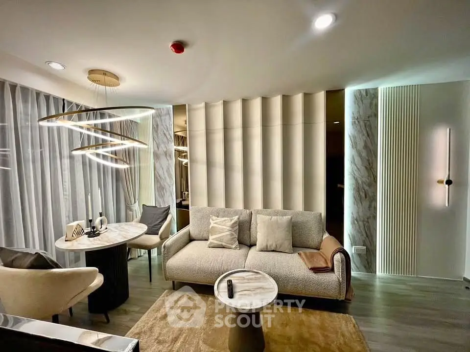 Luxurious modern living room with elegant lighting and stylish furniture