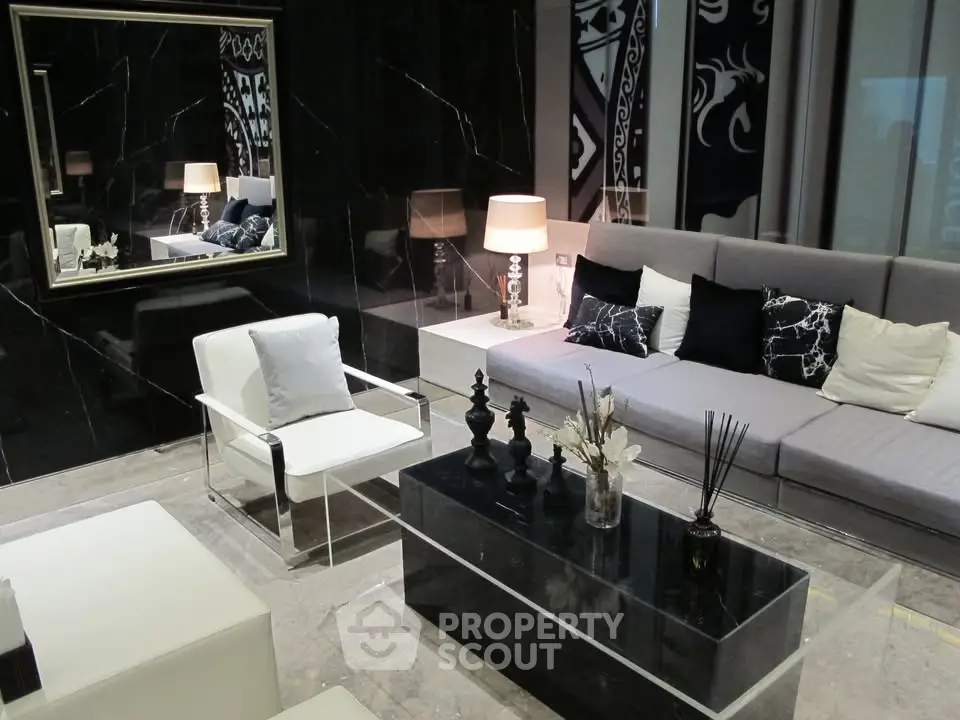 Luxurious modern living room with elegant black and white decor, featuring sleek furniture and ambient lighting.