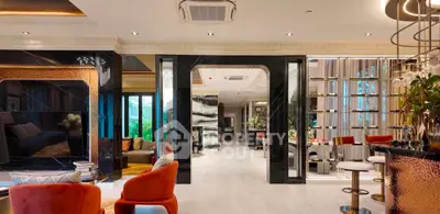 Luxurious modern living room with elegant decor and open layout, featuring plush seating and stylish lighting.