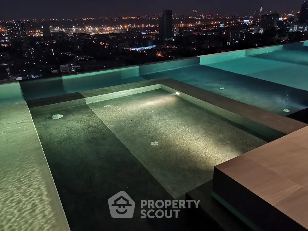Luxurious rooftop infinity pool with stunning city skyline view at night.