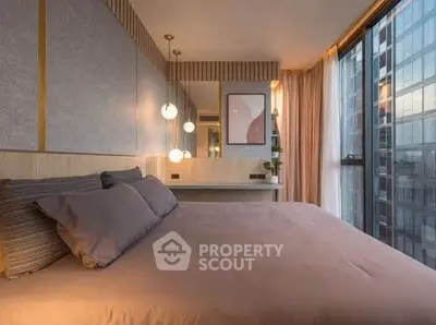 Luxurious modern bedroom with floor-to-ceiling windows and elegant decor in a high-rise apartment.