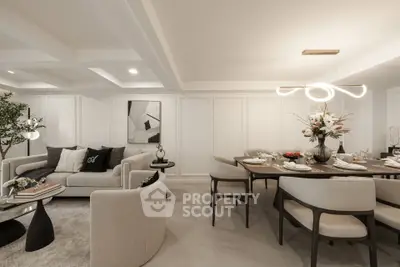 Elegant living and dining area with modern decor and stylish lighting