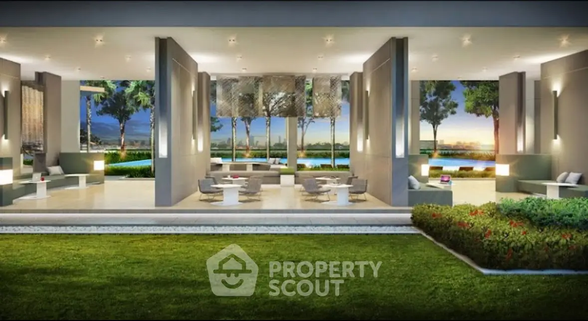 Luxurious modern open-air lounge with stunning garden view and elegant seating area.