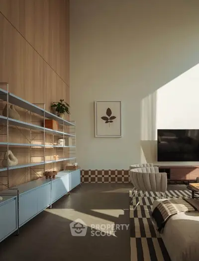 Modern living room with high ceilings, stylish shelving, and natural light.