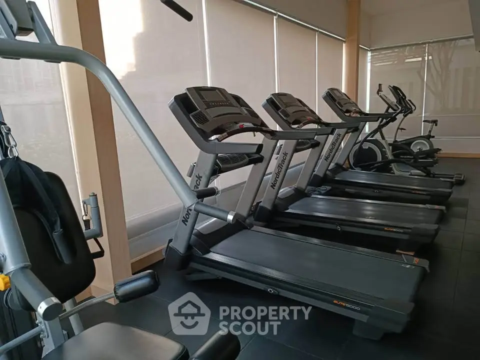Modern gym with multiple treadmills and exercise equipment in a well-lit space.