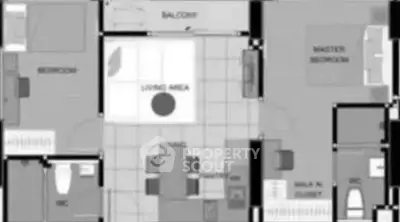 Modern apartment floor plan with balcony, master bedroom, and living area.