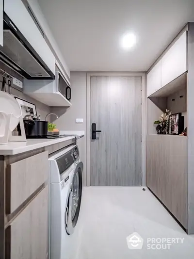 Modern kitchen with washing machine and sleek cabinetry