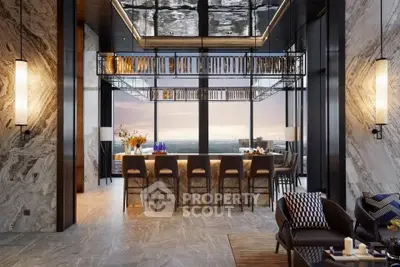 Luxurious modern living room with panoramic city view and elegant decor