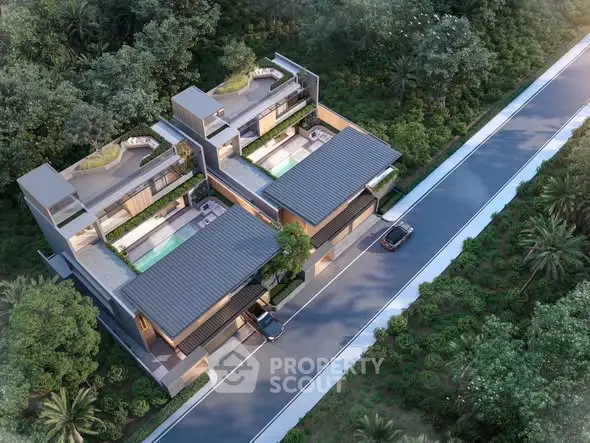 Luxurious modern villas with private pools and lush greenery in a serene setting.