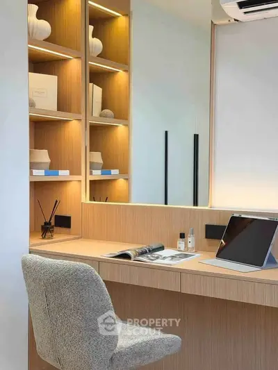 Modern study area with built-in shelves and sleek desk in a stylish apartment.