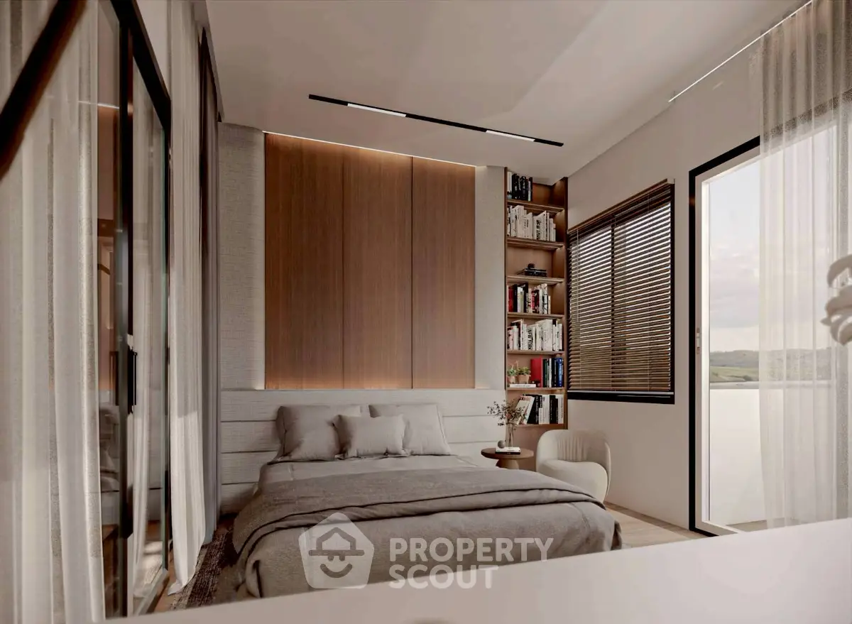 Modern bedroom with elegant decor and large window offering scenic views.