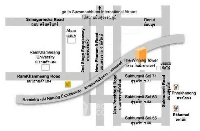 Map showing location of The Winning Tower near major roads and landmarks in Bangkok.