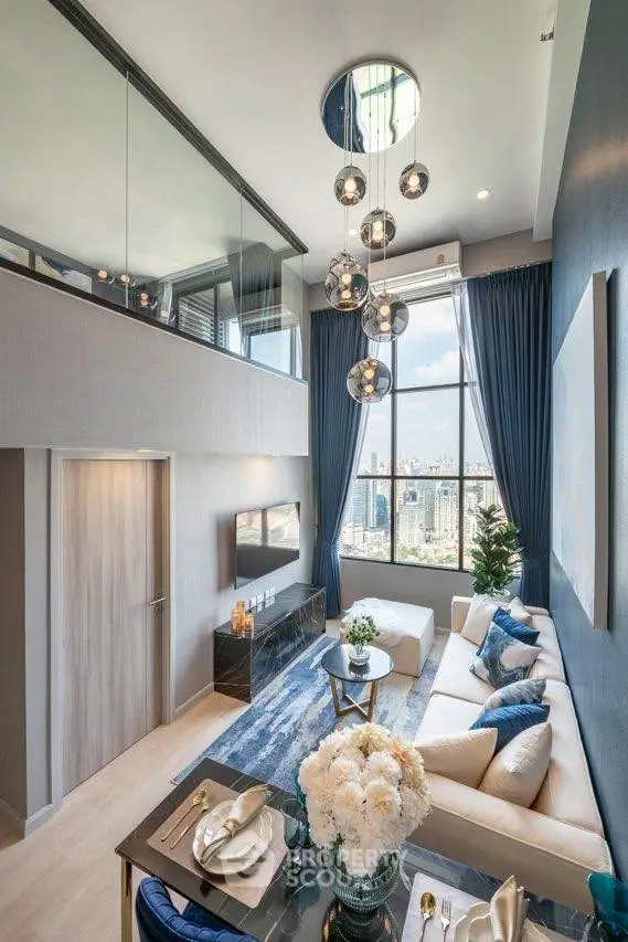 Luxurious high-ceiling living room with modern decor and stunning city view