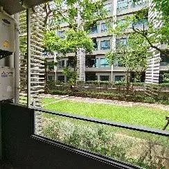 Modern apartment view with lush garden and contemporary architecture