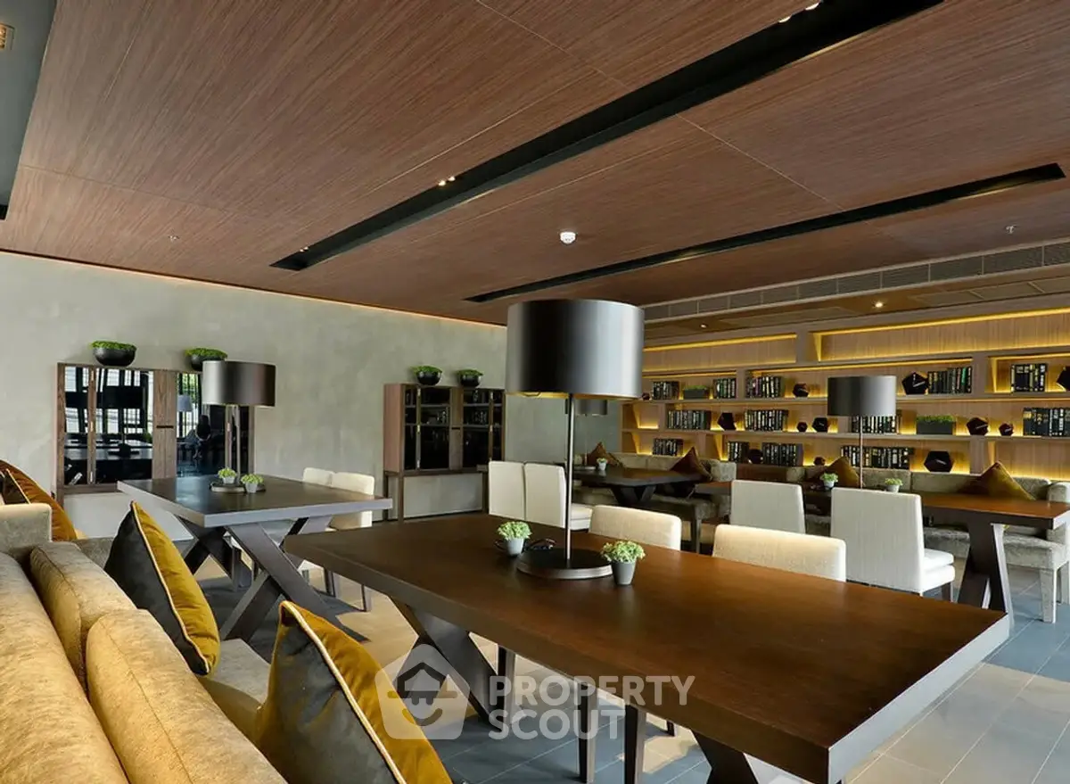 Luxurious modern library with elegant wooden decor and ambient lighting