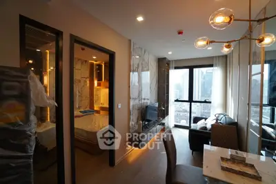 Luxurious modern apartment interior with city view, elegant lighting, and stylish decor.