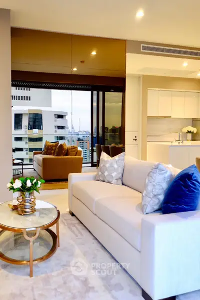 Luxurious modern living room with city view and elegant decor