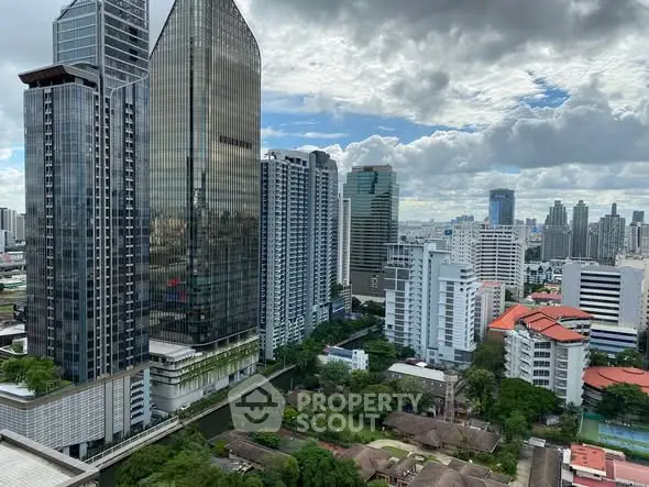 Stunning cityscape view showcasing modern skyscrapers and lush greenery, perfect for urban living.