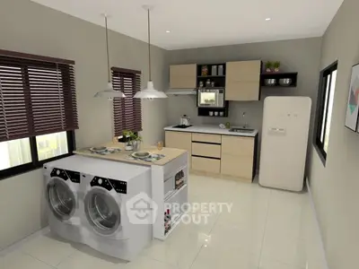 Modern kitchen with washing machine and sleek appliances, featuring open layout and stylish decor.