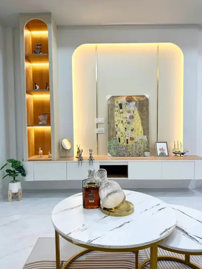 Modern living room with elegant decor and ambient lighting