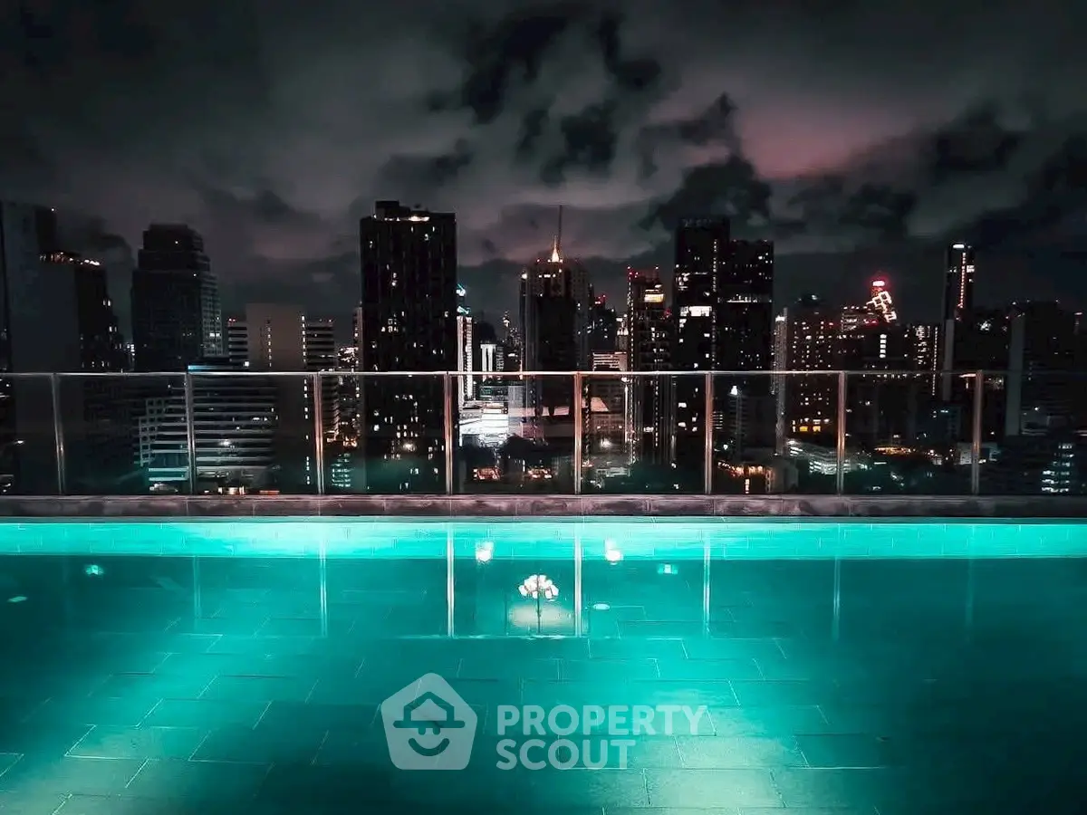 Stunning rooftop pool with breathtaking city skyline view at night.