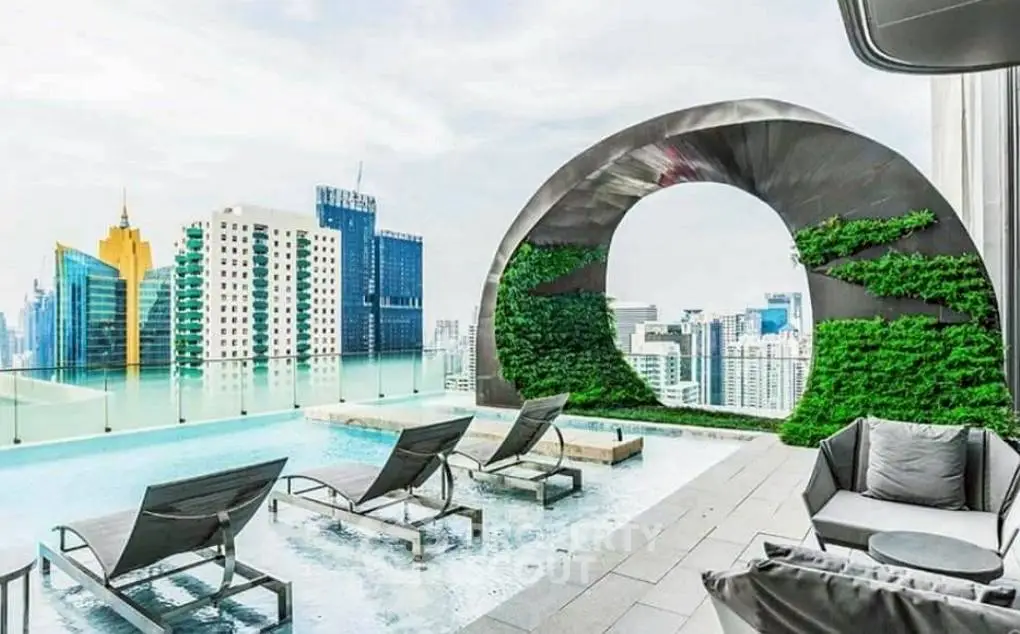 Stunning rooftop pool with city skyline view and modern lounge area.