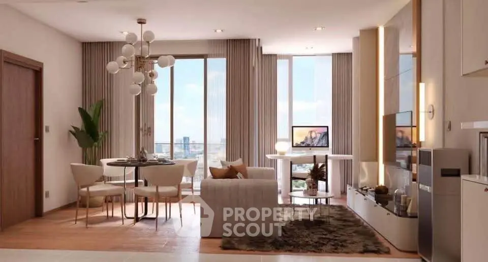Luxurious modern living room with stunning city view, elegant decor, and stylish furniture.