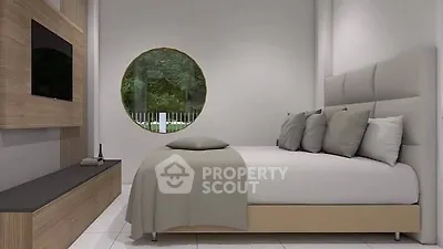 Modern bedroom with stylish decor and round window offering serene views.
