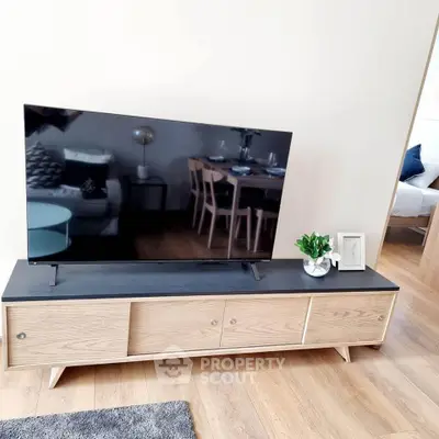 Modern living room with sleek TV stand and stylish decor
