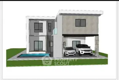 Modern architectural rendering of a two-story house with pool and carport.