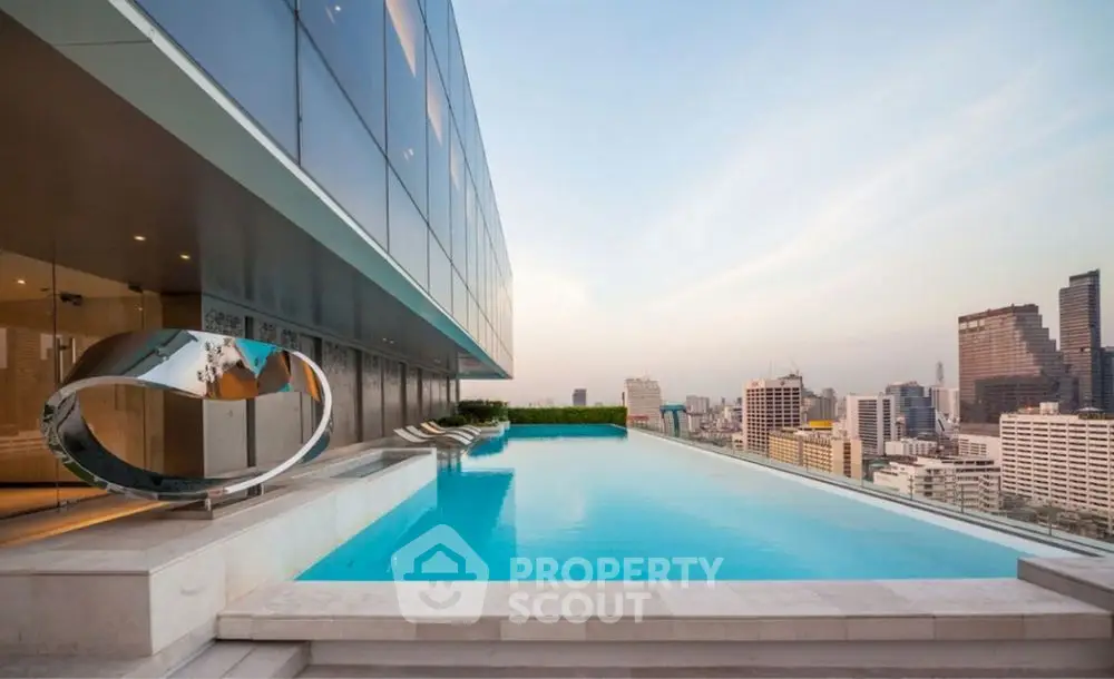 Luxurious rooftop pool with stunning city skyline view in modern high-rise building.